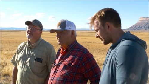 Nathan Thayn (left), Lee Thayn (middle) and Ross Thayn (right), are some of the few full-time farmers in Green River, Utah. They are shown on their property in October 2023. They grow alfalfa and corn and participated in an experiment by the Upper Colorado River Commission to fallow a field to save water. Manuel Rodriguez, FOX 13 News. 